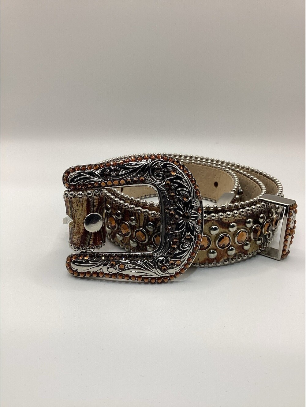 B.B. Simon L1689 Leopard Print Crystal Studded Western Belt Size 32 Amber Silver